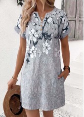 Grey dresses,Floral dresses,Plants dresses,Everyday dresses,Casual dresses,ROTITA Grey Floral Print Double Side Pockets Short Dress