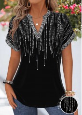 ROTITA Tummy Coverage Ombre Black Split Neck Short Sleeve Blouse