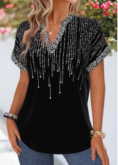 Black tops,Ombre tops,ROTITA Tummy Coverage Ombre Black Split Neck Short Sleeve Blouse