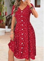 ROTITA Red Tummy Coverage V Neck Short Sleeve Dress