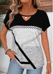 ROTITA Geometric Print Black Round Neck Short Sleeve T Shirt