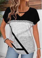 Black tops,Geometric tops,ROTITA Geometric Print Black Round Neck Short Sleeve T Shirt