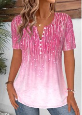 Hot Pink tops,Ombre tops,ROTITA Curved Hem Ombre Hot Pink Split Neck T Shirt