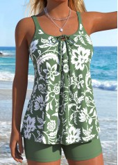 Sage Green swimwear,Plants swimwear,Floral swimwear,ROTITA Green Lace Up Random Floral Print Tankini Set