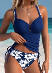 Navy swimwear,Floral swimwear,Plants swimwear,ROTITA Navy Tummy Coverage Floral Print Mid Waisted Tankini Set