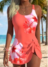 ROTITA Orange Adjustable Tie Tropical Plants Print One Piece Swimdress