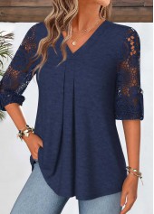 Navy tops,Plain Color tops,ROTITA Curved Hem Navy V Neck 3/4 Sleeve Blouse