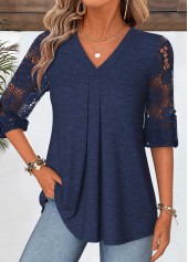 ROTITA Curved Hem Navy V Neck 3/4 Sleeve Blouse
