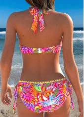 Red swimwear,Floral swimwear,Plants swimwear,ROTITA Red Patchwork Floral Print Mid Waisted Bikini Set