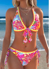 Red swimwear,Floral swimwear,Plants swimwear,ROTITA Red Patchwork Floral Print Mid Waisted Bikini Set