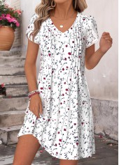 Robe courte à col en V imprimée floral blanc Rotita