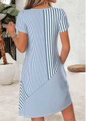 Blue dresses,Striped dresses,Geometric dresses,Everyday dresses,Casual dresses,ROTITA Blue Striped Asymmetry Short Asymmetrical Neck Dress