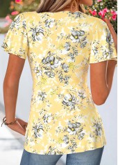 Yellow tops,Floral tops,Plants tops,ROTITA Twist Floral Print Yellow V Neck T Shirt