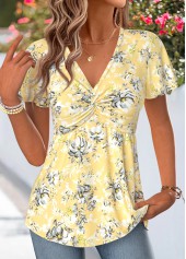Yellow tops,Floral tops,Plants tops,ROTITA Twist Floral Print Yellow V Neck T Shirt