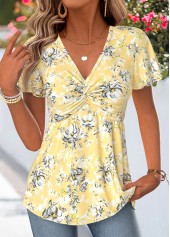 Rotita Twist T-Shirt mit Blumenmuster gelb V-Ausschnitt