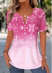 ROTITA Curved Hem Tribal Print Hot Pink T Shirt