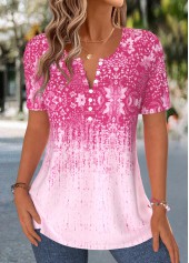 Hot Pink tops,Tribal tops,ROTITA Curved Hem Tribal Print Hot Pink T Shirt