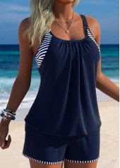 Navy swimwear,Striped swimwear,Geometric swimwear,ROTITA Navy Blouson Striped Mid Waisted Tankini Set