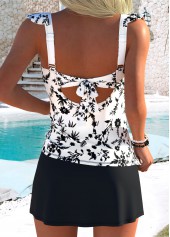 Black swimwear,Floral swimwear,Plants swimwear,ROTITA Black Fake 2in1 Floral Print High Waisted Tankini Set