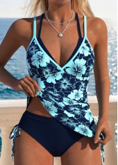 ROTITA Navy Drawstring Floral Print Mid Waisted Tankini Set