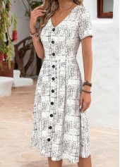 White dresses,Geometric dresses,Everyday dresses,Casual dresses,ROTITA White Geometric Print Tummy Coverage V Neck Dress
