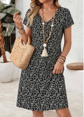 ROTITA Black Ditsy Floral Print Tummy Coverage Short Dress