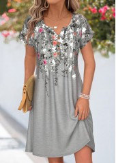 Grey dresses,Floral dresses,Plants dresses,Everyday dresses,Casual dresses,ROTITA Grey Floral Print Tuck Stitch Short Split Neck Dress
