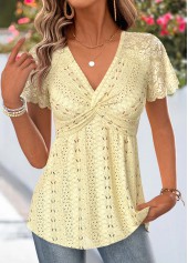 ROTITA Patchwork Yellow V Neck Short Sleeve T Shirt