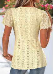 Yellow tops,Plain Color tops,ROTITA Patchwork Yellow V Neck Short Sleeve T Shirt