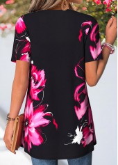Black tops,Floral tops,Plants tops,ROTITA Floral Print Black Short Sleeve Fake Two Piece Twinset