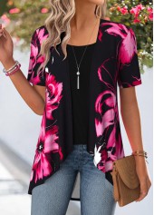 Black tops,Floral tops,Plants tops,ROTITA Floral Print Black Short Sleeve Fake Two Piece Twinset
