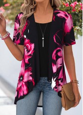 ROTITA Floral Print Black Short Sleeve Fake Two Piece Twinset