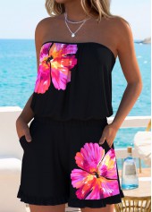 Black swimwear,Floral swimwear,Plants swimwear,ROTITA Black Ruched/shirred Floral Print One Piece Swimwear