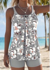 Light Grey swimwear,Floral swimwear,Plants swimwear,ROTITA Light Grey Bowknot Floral Print Mid Waisted Tankini Set