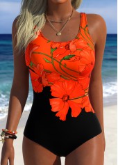 ROTITA Black Adjustable Tie Tropical Plants Print One Piece Swimwear