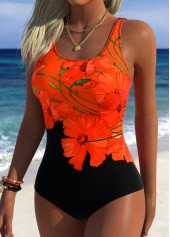Black swimwear,Plants swimwear,ROTITA Black Adjustable Tie Tropical Plants Print One Piece Swimwear