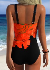 Black swimwear,Plants swimwear,ROTITA Black Adjustable Tie Tropical Plants Print One Piece Swimwear
