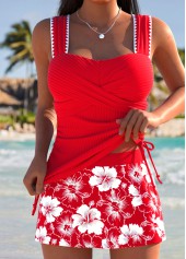 ROTITA Red Wrap Tropical Plants Print Mid Waisted Tankini Set
