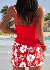 Red swimwear,Plants swimwear,ROTITA Red Wrap Tropical Plants Print Mid Waisted Tankini Set