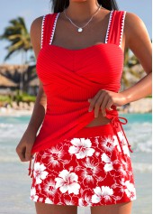 Red swimwear,Plants swimwear,ROTITA Red Wrap Tropical Plants Print Mid Waisted Tankini Set