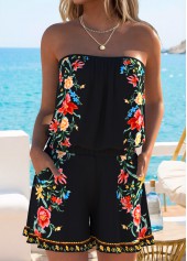 Black swimwear,Floral swimwear,Plants swimwear,ROTITA Black Ruffle Floral Print One Piece Swimwear