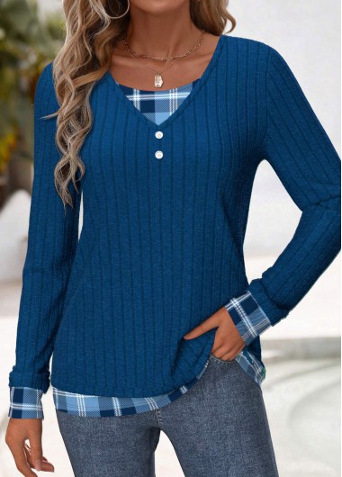 Blue tops,Plaid tops,Striped tops,Geometric tops,ROTITA Button Plaid Blue Fake Two Piece Twinset