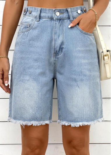 Denim Blue bottoms,Plain Color bottoms,Denim Blue Zipper Fly High Waisted Shorts
