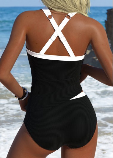 Black swimwear,Contrast Color swimwear,ROTITA Black Mid Waisted Square Neck Tankini Set