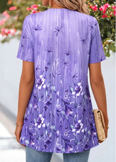 Purple tops,Floral tops,Plants tops,ROTITA Floral Print Purple Short Sleeve Fake Two Piece Twinset