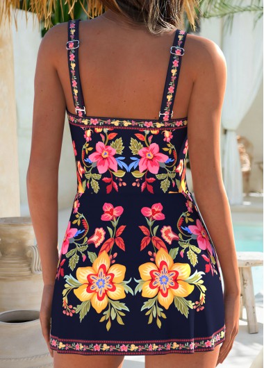 Navy swimwear,Floral swimwear,Plants swimwear,ROTITA Navy Layered Floral Print One Piece Swimdress