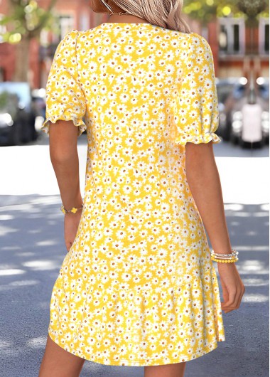 Yellow dresses,Floral dresses,Plants dresses,Everyday dresses,Casual dresses,ROTITA Yellow Floral Print Shirred Short Split Neck Dress