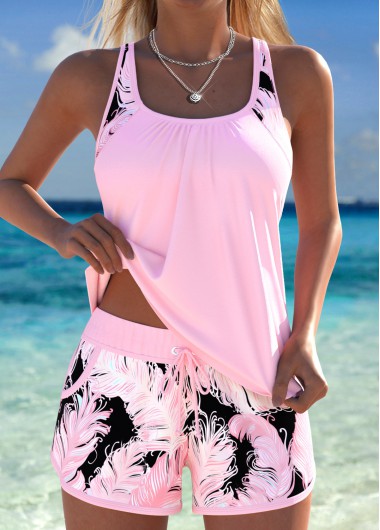 Light Pink swimwear,Tribal swimwear,ROTITA Light Pink Patchwork Feathers Print Mid Waisted Tankini Set