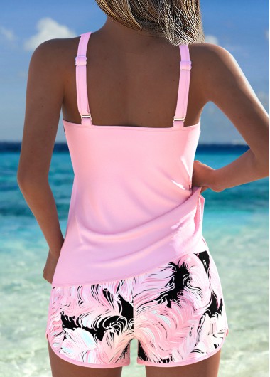 Light Pink swimwear,Tribal swimwear,ROTITA Light Pink Patchwork Feathers Print Mid Waisted Tankini Set