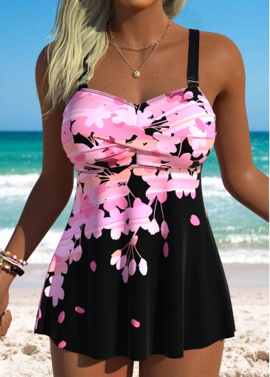 Pink swimwear,Floral swimwear,Plants swimwear,ROTITA Pink Tummy Coverage Floral Print Tankini Top